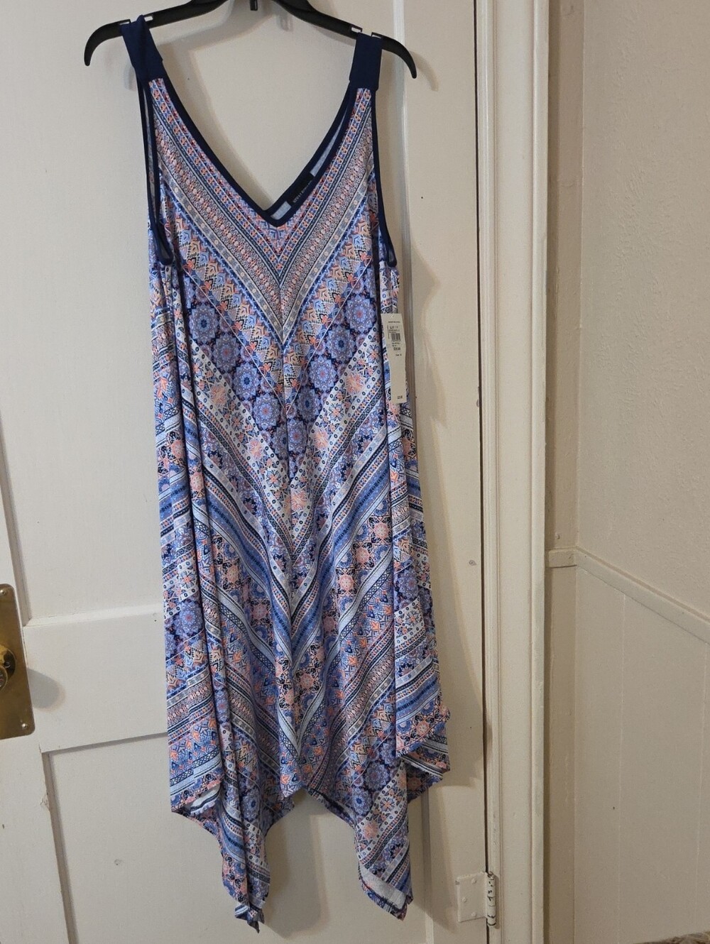 Nina Leonard Navy Blue and Peach Printed Asymmetrical Hem Dress